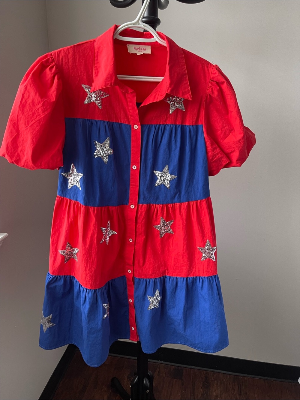PEACH LOVE California Sequin Star Colorblock Shirt Americana Dress NEW Large